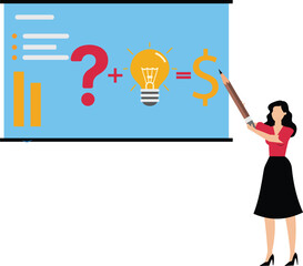 Transform idea to make money or equation for attracting money . businesswoman leader writes an equation