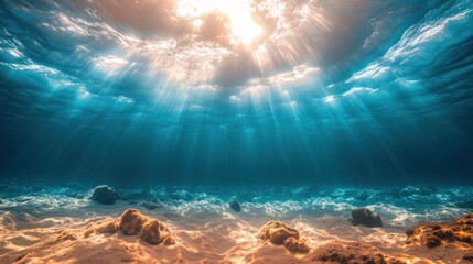 Underwater sunlight beams through the water