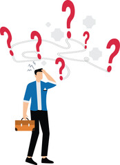 Stressed businessman holding his head with many question marks with messy question signs