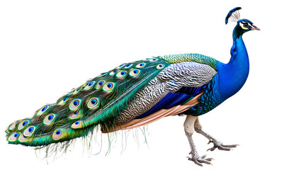 Fototapeta premium Majestic blue peacock isolated on transparent background, detailed photo, png 