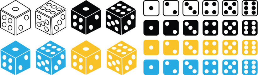 Dice six side face icon set. Playing cubes rolling dice vector isolated on transparent background. Six-sided dice, die for casino gambling line art icon for apps and websites. Vector illustration.