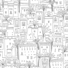 Seamless pattern of urban landscape, palm trees and fairy tale oriental houses. Black and white coloring book page