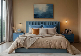  A blue bed headboard, beige and brown walls