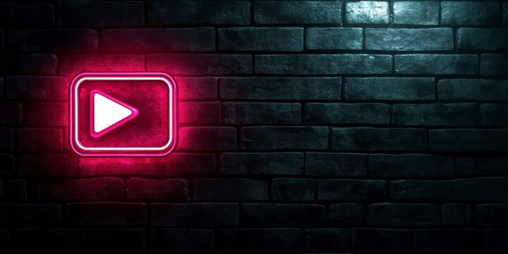 Glowing Pink Neon Play Button on Dark Brick Wall