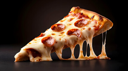 Melted Cheese Pepperoni Pizza Slice on Dark Background