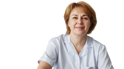 Middle-aged woman sits assuredly in a professional nurses uniform on transparent background, detailed photo, png 