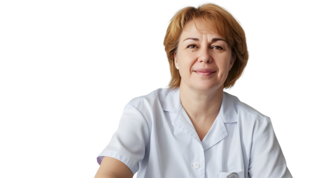 Middle-aged woman sits assuredly in a professional nurses uniform on transparent background, detailed photo, png 