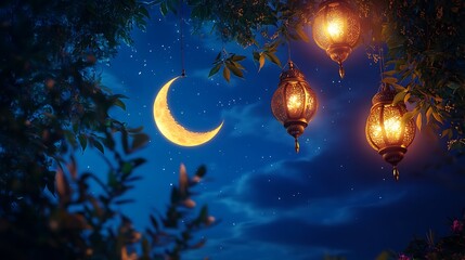 Naklejka premium A Glowing Crescent Moon with Decorative Lanterns for Eid