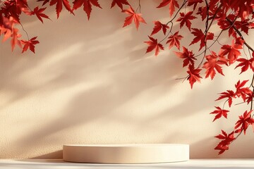 Minimalist autumn setting featuring golden podium, radiant sunlight filtering through falling crimson maple leaves