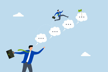 feedback to motivate to success, businessman jump on speech bubble advice to success.