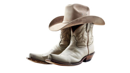 Neutral colored cowboy boots and hat isolated on transparent background, detailed photo, png 