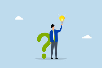 Question and answer, clever entrepreneur with a question mark symbol and lightbulb idea. 
