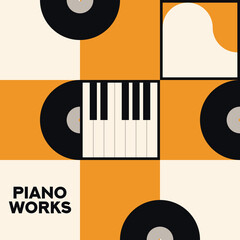 Obraz premium Musical poster for your design. Music design elements for card, invitation, flyer. Music cover. Music background vector illustration. Vinyl record. Piano. Music piano keyboard.