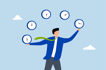 Time management, assurance entrepreneur specialist balancing timepiece in varying hours. 