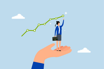Helping hand support for business success, hand assisting businesswoman in achieving success with ascending graph.