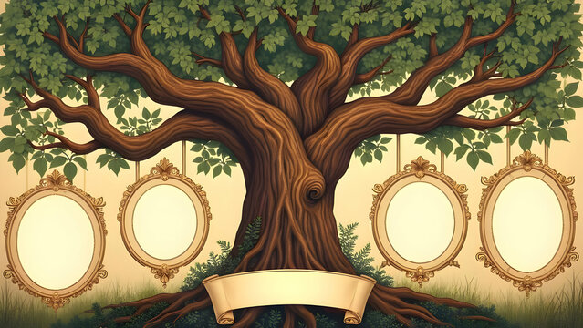 Family tree illustration with blank oval spaces for names