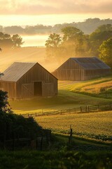 Dawn breaking over a peaceful farmland, barns and fields illuminated with soft sunlight.