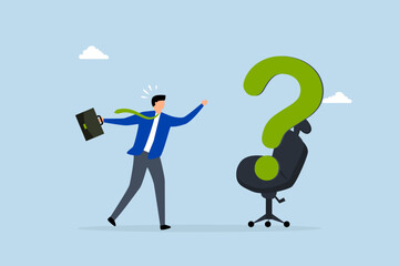 Search for new job position, entrepreneurial applicant pondering with desk seat question mark. 