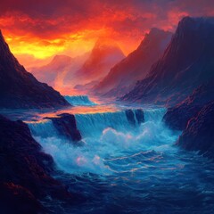 Fototapeta premium Dramatic fiery sunset over mountain waterfalls
