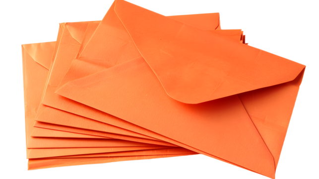 Orange paper envelopes isolated on a transparent background, detailed photo, png 