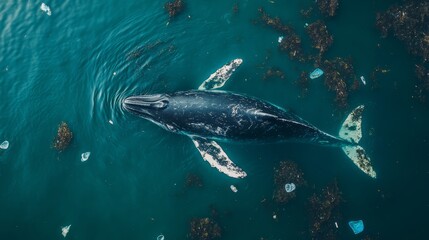 A whale surrounded by floating plastic waste, struggling to find clean water 