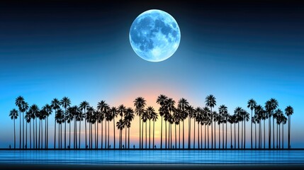 Silhouette palms, blue moon, twilight beach