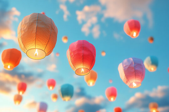 Colorful lanterns fill the sky during evening festival
