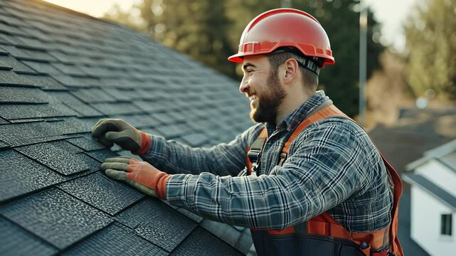 Skilled roofer works on a residential roof while enjoying a sunny day in a quiet neighborhood