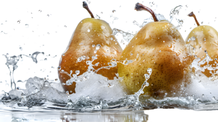 Pears and water splash isolated on transparent background, detailed photo, png 