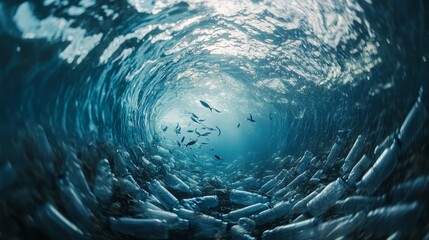Discarded water bottles forming an underwater vortex, trapping small fish