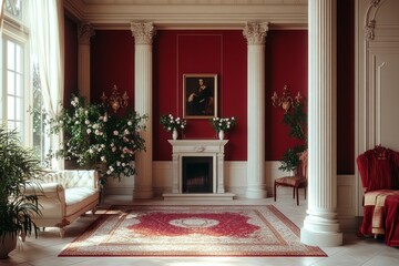 Classic european hall interior features red walls, white columns, fireplace, and ornate rug. Concept: sophisticated classic european hall interior design and elegant decor.