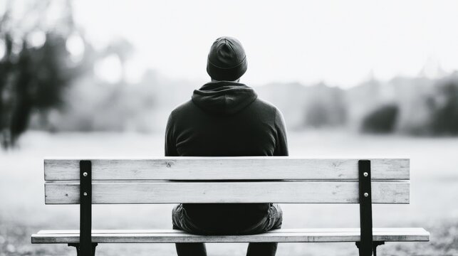 Lonely man sitting on park bench facing empty landscape, isolation sadness and lost hope