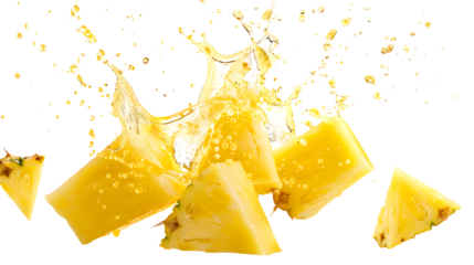 Pineapple chunks and juice splash in the shape of a triangle isolated on a transparent background, detailed photo, png 