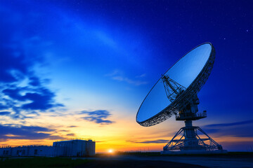 Satellite dish under a colorful evening sky at sunset