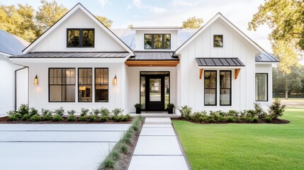 Modern white farmhouse with landscaped yard and driveway