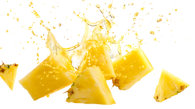 Pineapple chunks and juice splash in the shape of a triangle isolated on a transparent background, detailed photo, png 