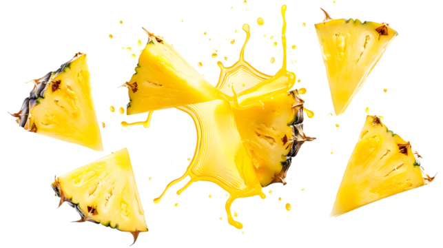 Pineapple chunks and juice splash in the shape of a triangle isolated on a transparent background, detailed photo, png 