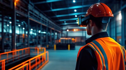Worker in Safety Gear Using Virtual Reality in Industrial Warehouse to Enhance Training and Safety Procedures