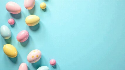 Obraz premium Flat lay decorative Easter eggs in pastel colors arranged on a soothing light blue background with copy space. Empty banner for spring holiday.