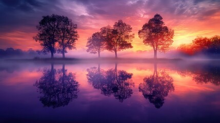 Fototapeta premium Dawn breaks over a mist-covered lake, trees mirrored perfectly on the water's surface.