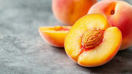 Fresh peaches cut in half on a rustic kitchen countertop