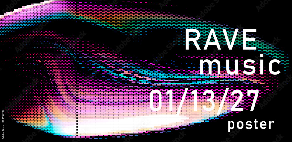 Aufkleber vibrant rave poster with swirling pixelated patterns and bold typography. features colorful digital 