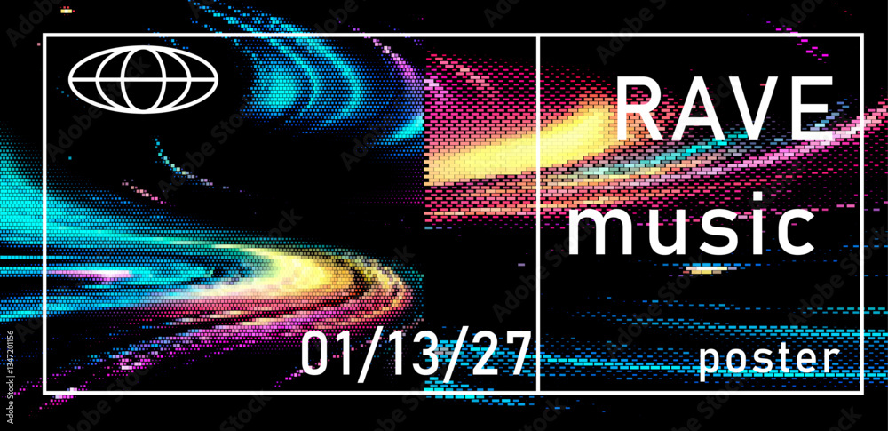 Poster colorful rave poster with pixelated swirl patterns and bold typography. features dynamic digital wav