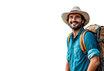 Man smiling with a backpack and straw hat, ready for adventure in an outdoor isolated on transparent background
