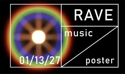 Futuristic rave poster with colorful radial patterns, vibrant hues, and bold typography. Features a starburst effect and geometric layout, emphasizing an energetic, electronic music theme.