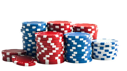 Poker chips are stacked isolated on transparent background, detailed photo, png 