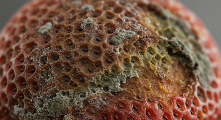 Closeup view of moldy fruit showing signs of decomposition and decay