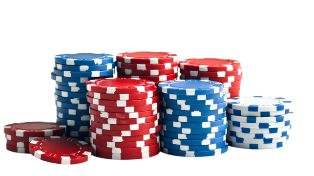 Poker chips are stacked isolated on transparent background, detailed photo, png 