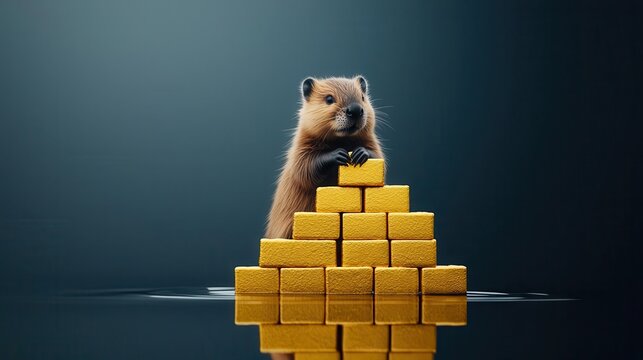 A beaver building a dam out of bricks of gold, representing resourceful saving
