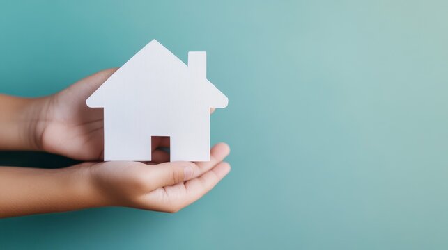 Caring for a Dream: A pair of hands gently cradles a miniature house, symbolizing home, security, and the dream of property ownership, set against a serene backdrop.